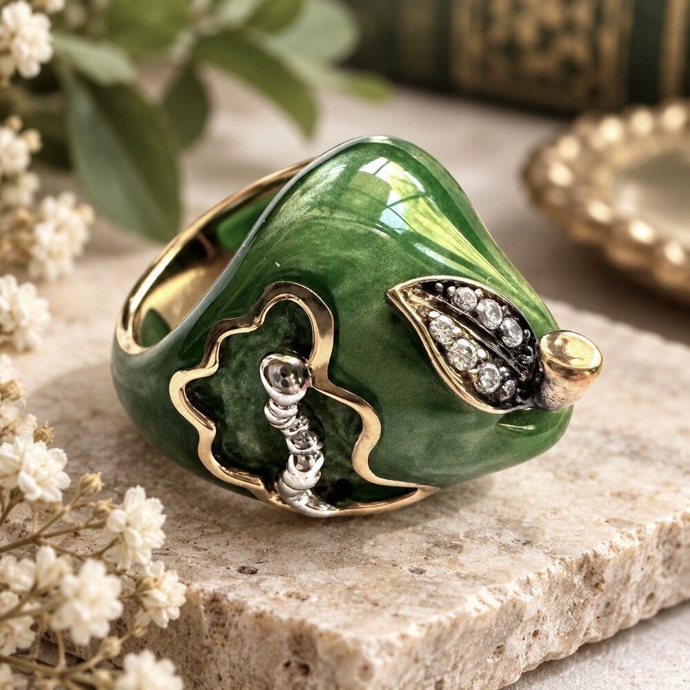 Andrew Hamilton Crawford AHC 925 Sterling Silver Green Resin Apple Worm Ring 7